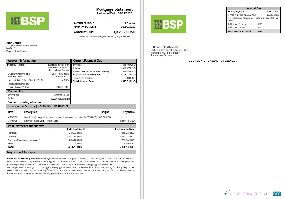 Download Papua New Guinea BSP mortgage statement in Word and PDF formats Photoshop template